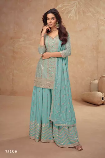 Sky blue chinon sequin embroidered readymade salwar suit (free size)