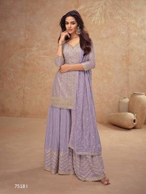 Light lavender chinon sequin embroidered readymade salwar suit (free size) 1