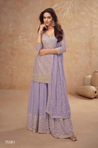 Light lavender chinon sequin embroidered readymade salwar suit (free size)