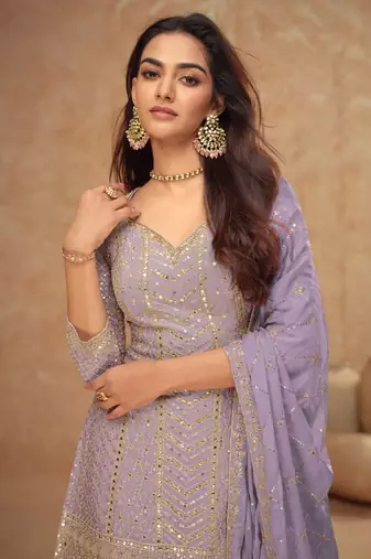 Light lavender chinon sequin embroidered readymade salwar suit (free size)