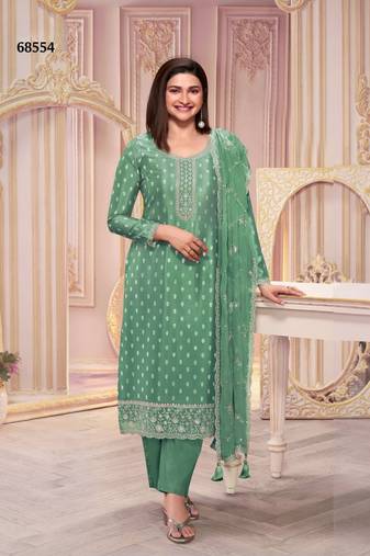 Green silk sequin embroidered semi-stitched salwar suit