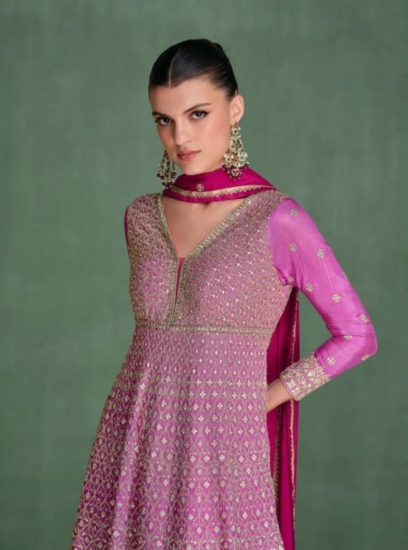Pink real gerogette sequin embroidered readymade salwar suit (free size)