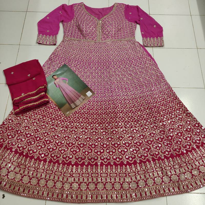 Pink real gerogette sequin embroidered readymade salwar suit (free size)