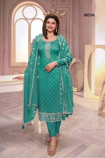 Teal green silk sequin embroidered semi-stitched salwar suit