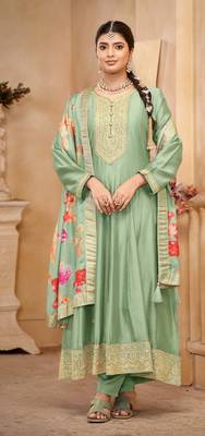 Light green vichitra silk sequin embroidered semi-stitched salwar suit 1