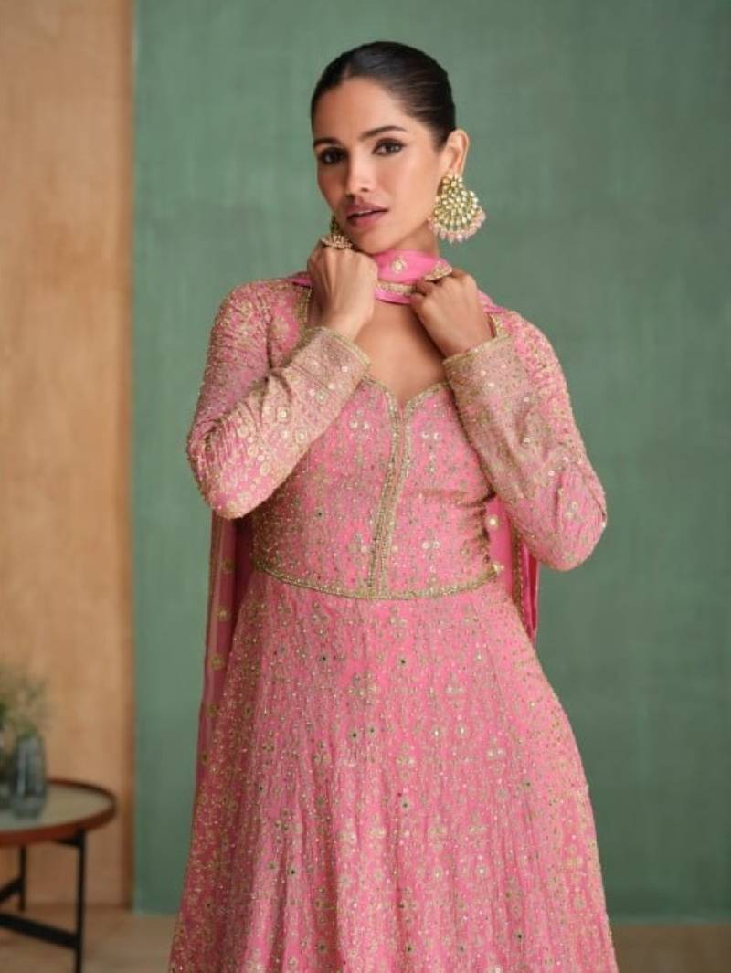 Peach real gerogette sequin embroidered readymade salwar suit (free size)