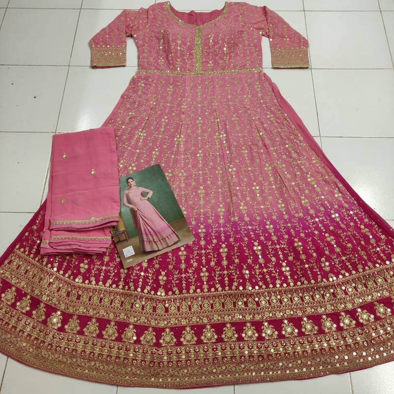 Peach real gerogette sequin embroidered readymade salwar suit (free size)