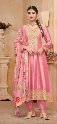Light pink vichitra silk sequin embroidered semi-stitched salwar suit 1