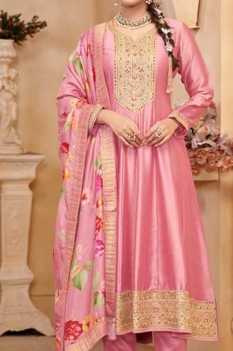 Light pink  vichitra silk sequin embroidered semi-stitched salwar suit