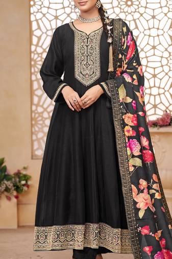 Black vichitra silk sequin embroidered semi-stitched salwar suit
