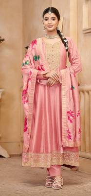 Light peach vichitra silk sequin embroidered semi-stitched salwar suit 1