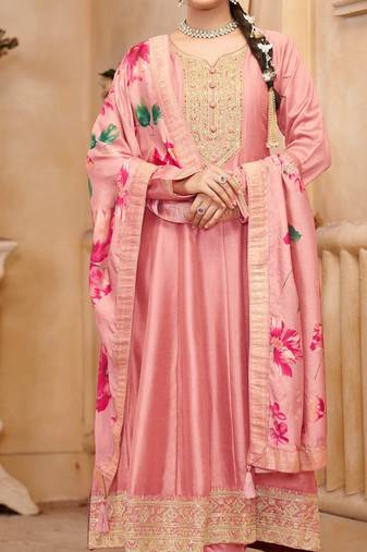 Light peach vichitra silk sequin embroidered semi-stitched salwar suit