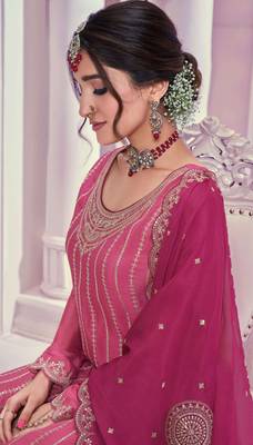 Pink chinon sequin embroidered semi stitched salwar suit 2