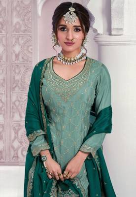Sky blue chinon sequin embroidered semi stitched salwar suits 2