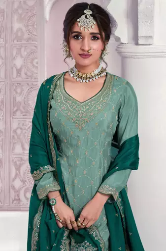 Sky blue chinon sequin embroidered semi stitched salwar suits