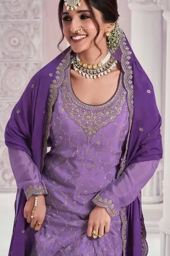 Lavender chinon sequin embroidered semi stitched salwar suitt