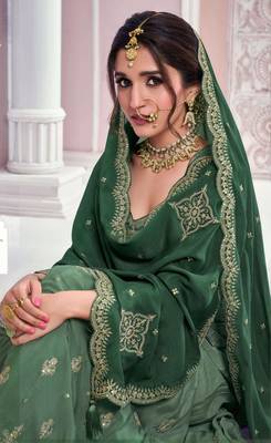 Dark green chinon sequin embroidered semi stitched salwar suit 2