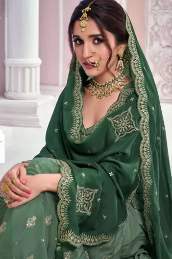 Dark green chinon sequin embroidered semi stitched salwar suit