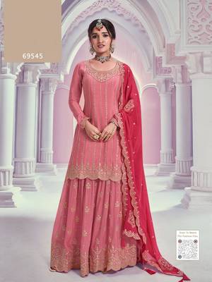 Peach chinon sequin embroidered semi stitched salwar suit 1