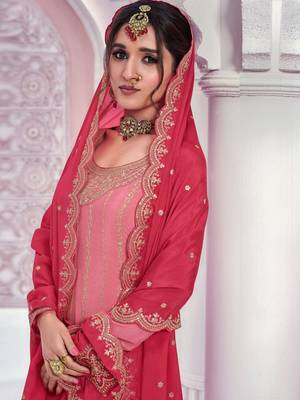 Peach chinon sequin embroidered semi stitched salwar suit 2
