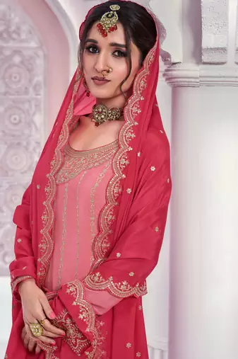 Peach chinon sequin embroidered semi stitched salwar suit