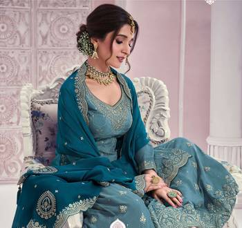Blue chinon sequin embroidered semi stitched salwar suit 2