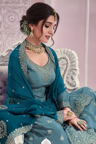 Blue chinon sequin embroidered semi stitched salwar suit