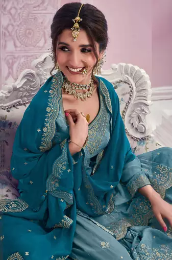 Blue chinon sequin embroidered semi stitched salwar suit