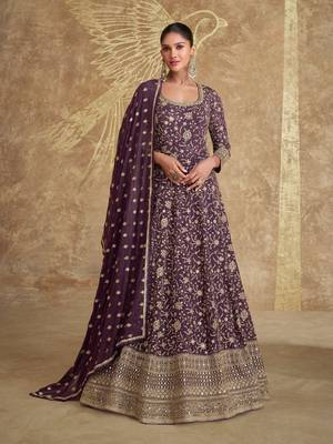 Purple real gerogette sequin embroidered anarkali salwar suit (free size) 1
