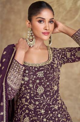 Purple real gerogette sequin embroidered anarkali salwar suit (free size) 2