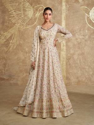 White real gerogette sequin embroidered semi stitched anarkali salwar suit 1