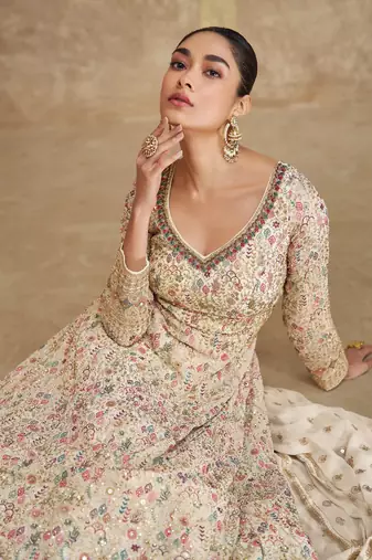 White real gerogette sequin embroidered anarkali salwar suit (free size)