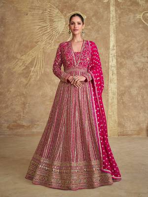Pink real gerogette sequin embroidered anarkali salwar suit (free size) 1