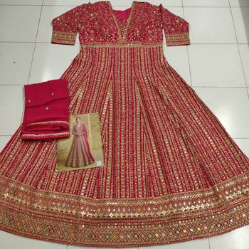 Pink real gerogette sequin embroidered anarkali salwar suit (Free Size) 2