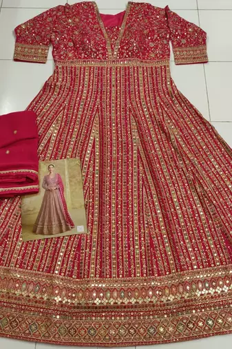 Pink real gerogette sequin embroidered anarkali salwar suit (Free Size)
