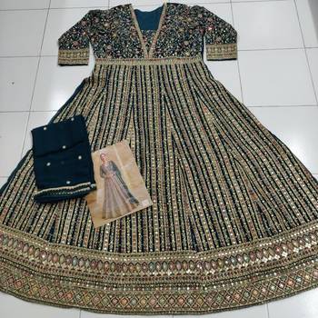 Dark green real gerogette sequin embroidered anarkali salwar suit (Free Size) 2