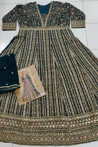 Dark green real gerogette sequin embroidered anarkali salwar suit (Free Size)