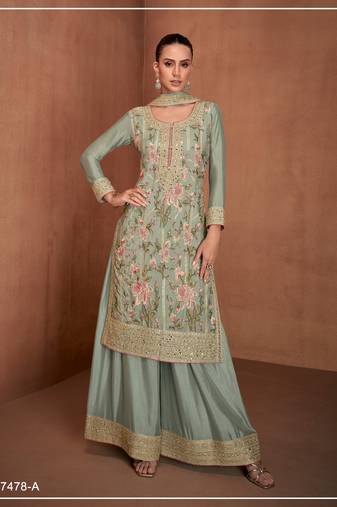 Light green gerogette sequin embroidered readymade salwar suit (free size)