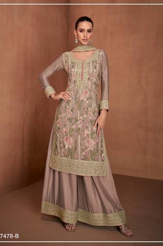 Light brown gerogette sequin embroidered readymade salwar suit (free size)