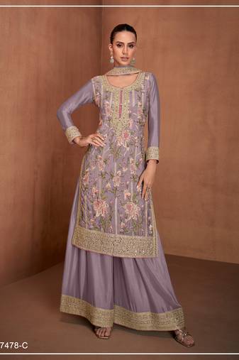 Light lavender gerogette sequin embroidered readymade salwar suit (free size)