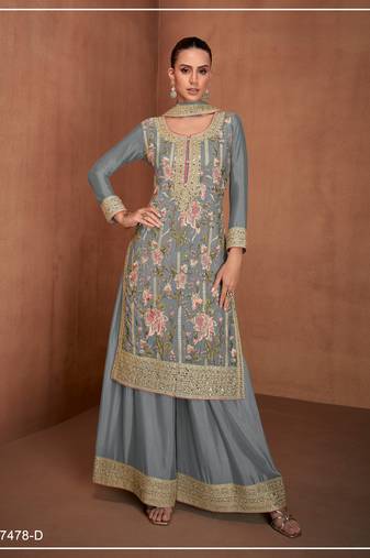 Light grey gerogette sequin embroidered readymade salwar suit (free size)
