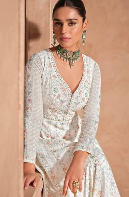 White real gerogette sequin embroidered anarkali salwar suit 2
