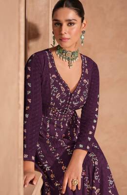 Wine real gerogette sequin embroidered anarkali salwar suit 2