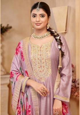 Light lavender vichitra silk sequin embroidered semi-stitched salwar suit 2
