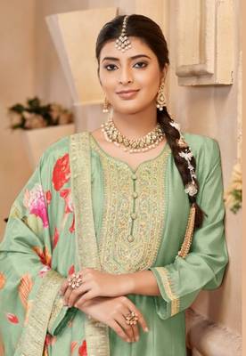 Light green vichitra silk sequin embroidered semi-stitched salwar suit 2