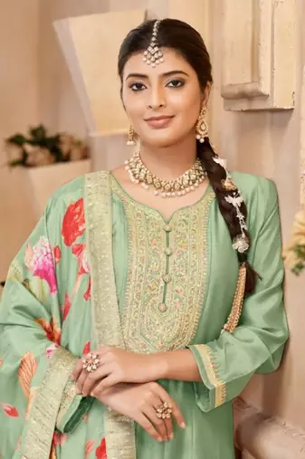 Light Green Vichitra Silk Sequence Embroidered Semi-Stitched Salwar Suit
