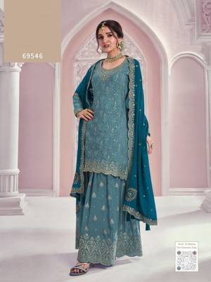 Blue chinon sequin embroidered semi stitched salwar suit 1