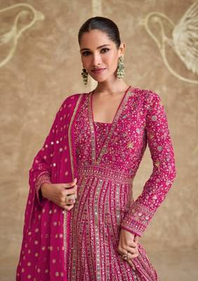 Pink real gerogette sequin embroidered anarkali salwar suit (Free Size) 1