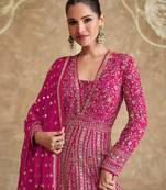 Pink real gerogette sequin embroidered anarkali salwar suit (Free Size)