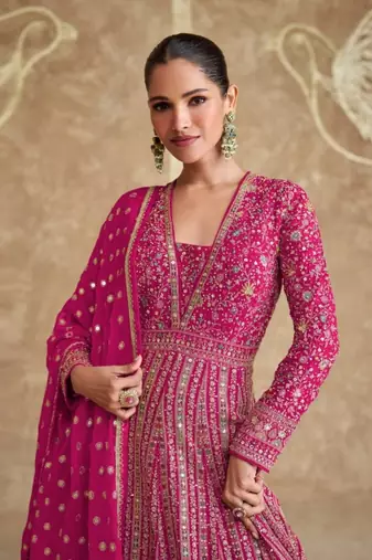 Pink real gerogette sequin embroidered anarkali salwar suit (Free Size)